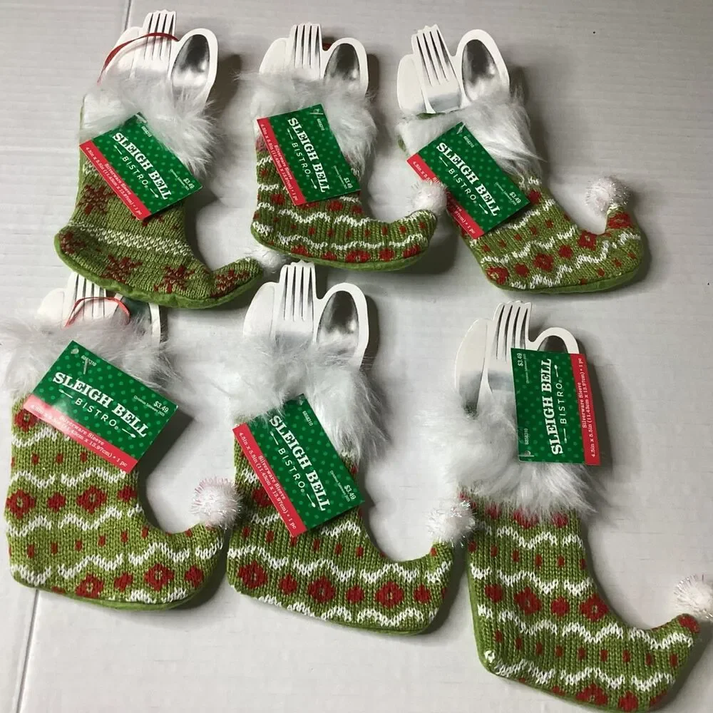Sleigh Bell Bistro Christmas Knit Silverware Holder Stockings Set of 10 New